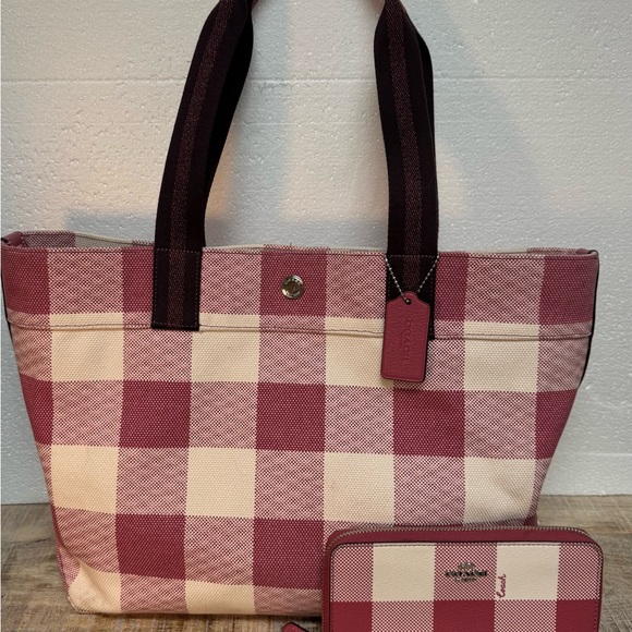 Coach Handbags - Coach Pink and White Plaid Tote Bag with matching Wallet